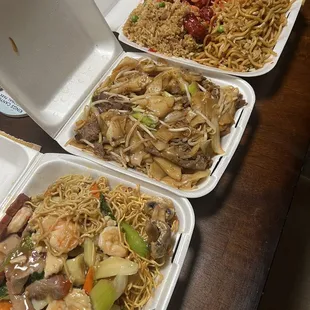 (Left to right)  Hong Kong style chow mien, beef chow fun, special combo #1.