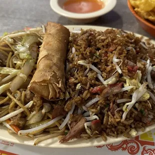 Express Combo #6 - BBQ Pork fried rice, Chicken Chow Mein and Egg Roll