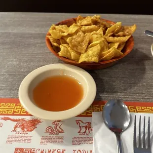 Chinese style chips and salsa  (aka fried won tons and sweet and sour sauce)