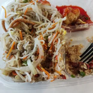 "chow mein" consists of some meat, onions, crispy things turned soggy, and a load of bean sprouts.  Where's the noodles?