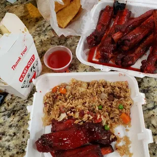 Pork fried rice, bbq pork ribs and crab rangoon