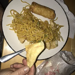 Chicken lo mien and egg roll, this is not the full portion just what I put on the plate