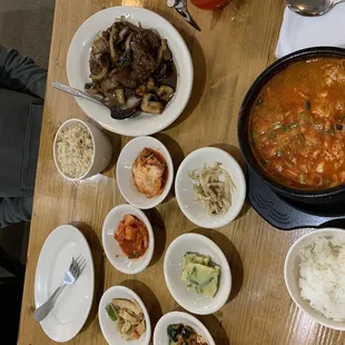 various dishes of food on a table