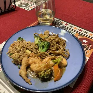 Veggie fried rice, lo mein and spicy garlic shrimp.