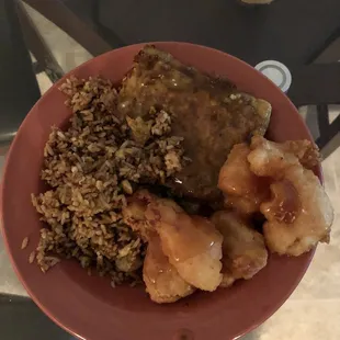 Eggfoo  fried rice sweet sour shrimp