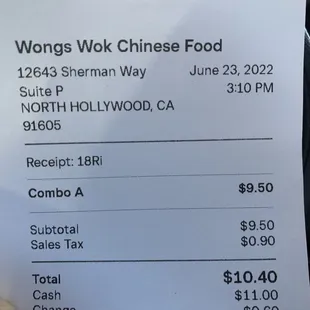 Receipt for 2-item combo plate (Chow Mien with Teriyaki chicken and Orange Chicken)