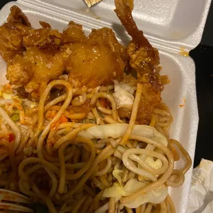 Orange chicken, rice &amp; Chow Mein