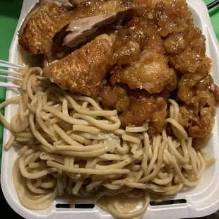 2-item combo plate (Chow Mien with Teriyaki chicken and Orange Chicken)