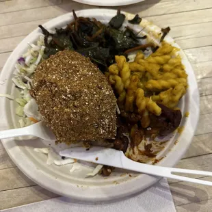 Portobello mushroom "fried chicken" with Mac and cheese and beans.