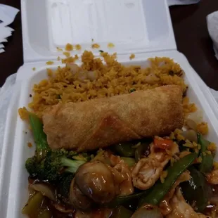 Garlic chicken lunch meal.  I ate some if the rice before  taking  the pic.