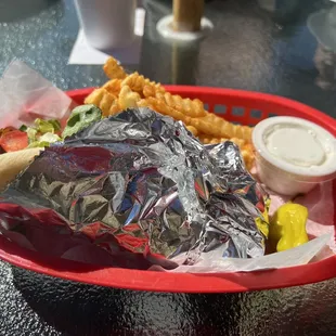 a basket of food on a table