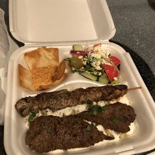 Fetaah Plate Entree with Rice chicken and lamb kebab