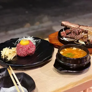 Wagyu Beef Tartare, Short Rib Tomahawk, and Soybean Stew