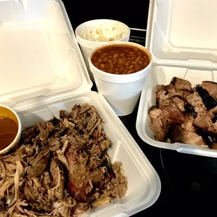 Family Pack 2 - meats 1 lb each, 2 pint size  sides with Woo homemade bbq sauce. *burnt ends was a special request sorry.