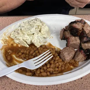 Burnt ends, baked beans, and potato salad