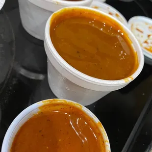 Hot, mustard, and original BBQ sauces. Yum!