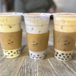 Thai milk tea, tarro milk tea, and strawberry milk tea were all delicious.