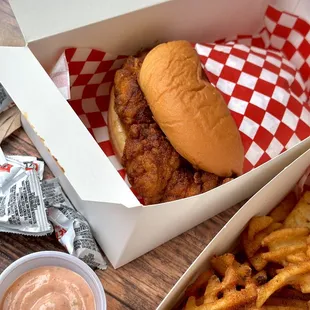 Level One Spice level sandwich, aka &quot;THE SANDO&quot; and WAFFLE FRIES