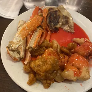 Crab legs, pot stickers, Orange Chicken*, Sweet &amp; Sour Chicken