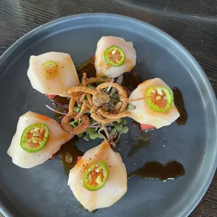 Yellowtail sashimi with watermelon