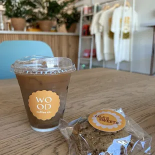 Iced Americano with a gluten free chocolate chip cookie.