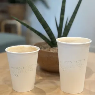 Left - hot Cookie Butter latte with oat milk.  Right - hot Lavender Cardamom latte with oat milk.