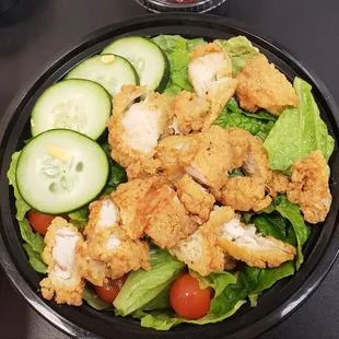 My chicken house salad (crispy) minus croutons and cheese upon request!