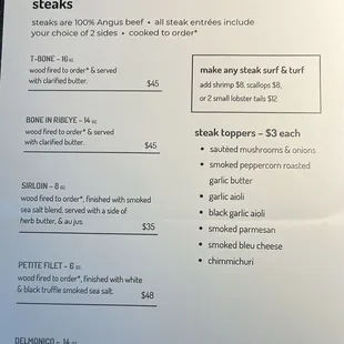 Dinner menu