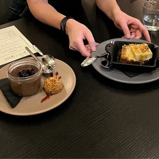 Chocolate pot de crème and bread pudding