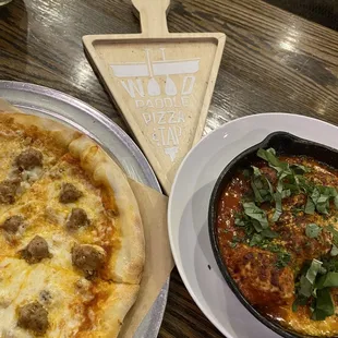 Sausage pizza and meatballs