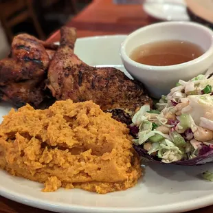 Roasted chicken with coleslaw and smashed sweet potatoes