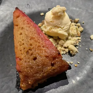 Rhubarb Upside-Down Cake with Vanilla Ice Cream at Wood Tavern in Oakland.