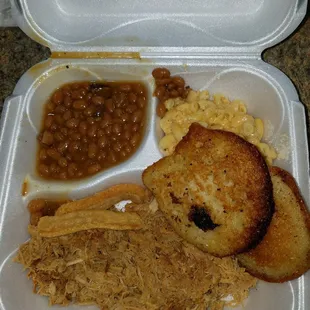 Bbq, baked beans, Mac n cheese, fried corn bread and fatback