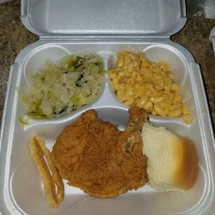 Porkchop, cabbage, and Mac n cheese with roll and fatback