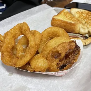 Fried bologna with onion rings