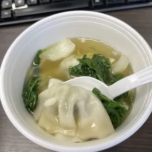 Wonton soup with homemade broth and bokchoy