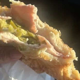 a hand holding a sandwich