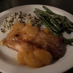 Orange-glaze salmon came with blistered green beans and rice