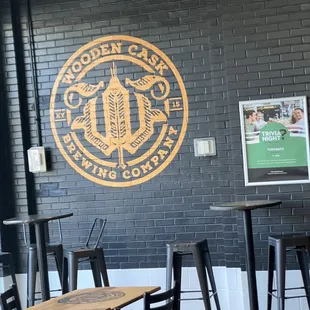 a brick wall and tables