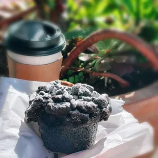 Chocolate muffin and tea.