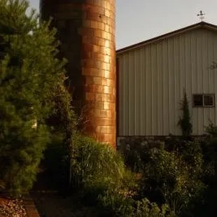 a silo in the background