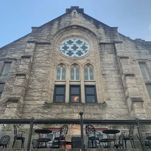 the front of a stone church