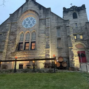 the front of a stone church