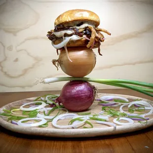 The Onion B.O.M. - Charred Scallion Mayo | Pickled Red Onion | Yellow Onion | Swiss Cheese | Caramelized Beer Onions | French-Fried Onions