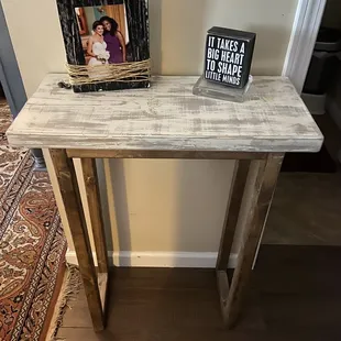 Console table and picture frame purchased from Wooden it Be Perfect.