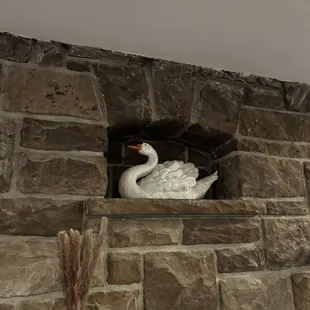 a stone fireplace