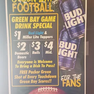 green bay football drink specials