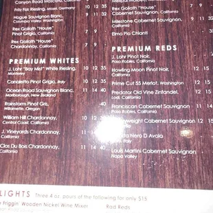 Wine list with flights at the bottom