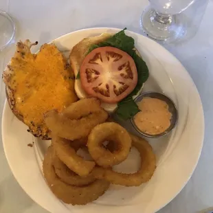 Sriracha Chicken Sandwich with Onion Rings