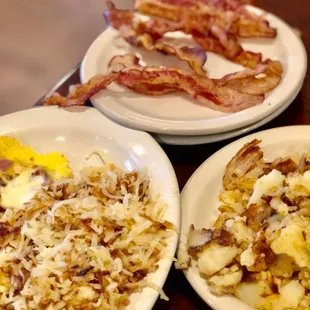 bacon, eggs, hash browns and hash browns